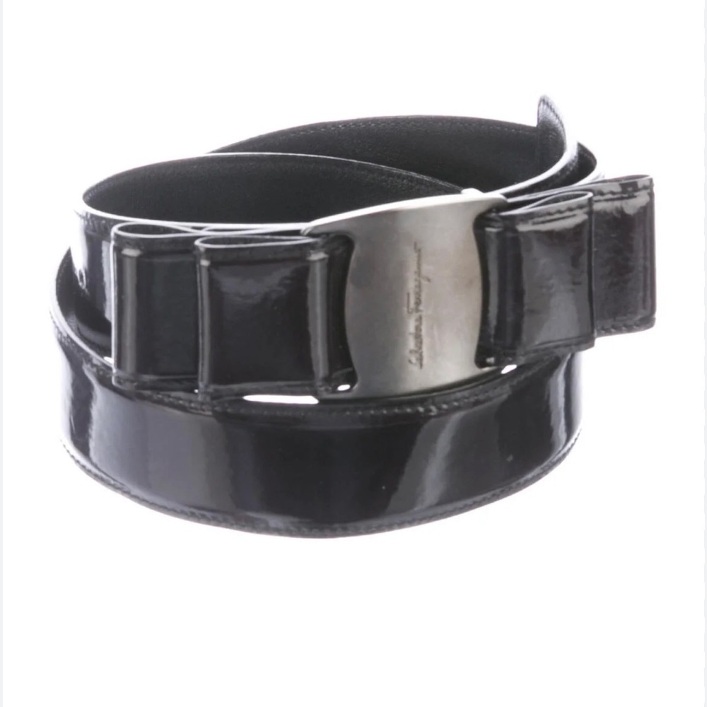 Salvatore FERRAGAMO BLACK/brown patent leather double box belt 95cm